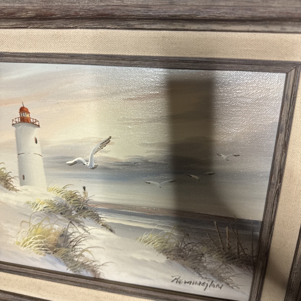Remington Signed Original Seascape Beach w/Lighthouse Oil Painting Canvas 8X10 - Picture 3 of 14